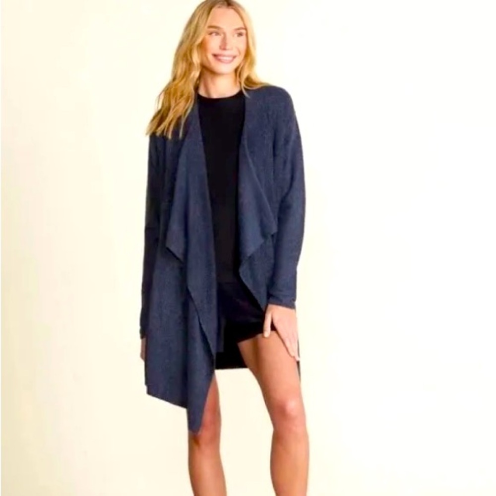 Barefoot dreams navy blue drape island wrap cardigan s/m pockets